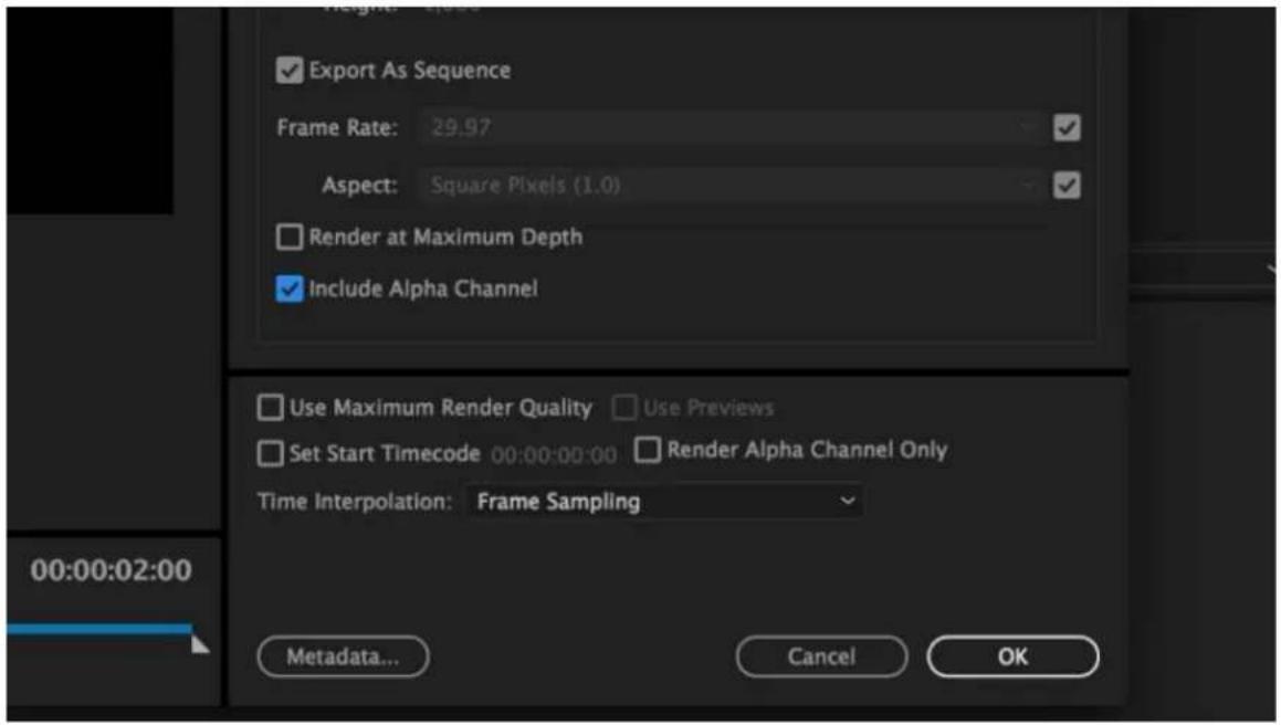 Export As Sequence Frame Rate: 29.97 Aspect: Square Pixels (1.0) Render at Maximum Depth Include Alpha Channel Use Maximum Render Quality Use Previews Set Start Timecode 00:00:00:00 Render Alpha Channel Only Time Interpolation: Frame Sampling 00:00:02:00 Metadata... Cancel OK