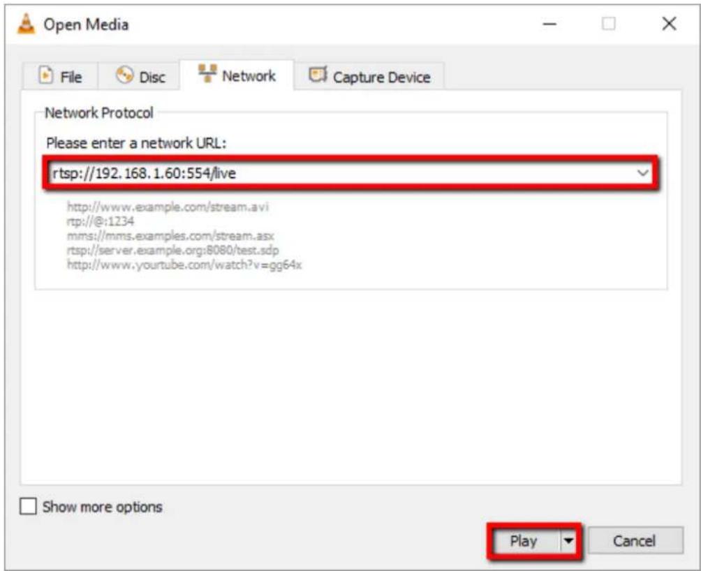 Open Media File Disc Network Capture Device Network Protocol Please enter a network URL: rtsp://192.168.1.60:554/live http://www.example.com/stream.avi rtp://@:1234 mms://mms.examples.com/stream.asx rtsp://server.example.org:8080/test.sdp http://www.yourtube.com/watch?v=gg64x Show more options Play Cancel