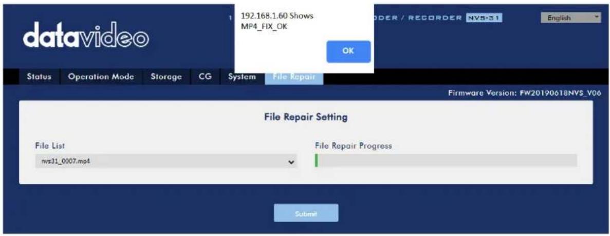 192.168.1.60 Shows MP4_FIX_OK OK Status Operation Mode Storage CG System File Repair File Repair Setting File List nvs31_0007.mp4 File Repair Progress Submit Firmware Version: FW20190618NVS_V06
