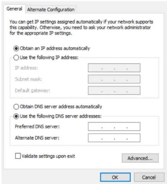 General Alternate Configuration You can get IP settings assigned automatically if your network supports this capability. Otherwise, you need to ask your network administrator for the appropriate IP settings. Obtain an IP address automatically Use the following IP address: IP address: .... Subnet mask: .... Default gateway: .... Obtain DNS server address automatically Use the following DNS server addresses: Preferred DNS server: .... Alternate DNS server: .... Validate settings upon exit Advanced... OK Cancel