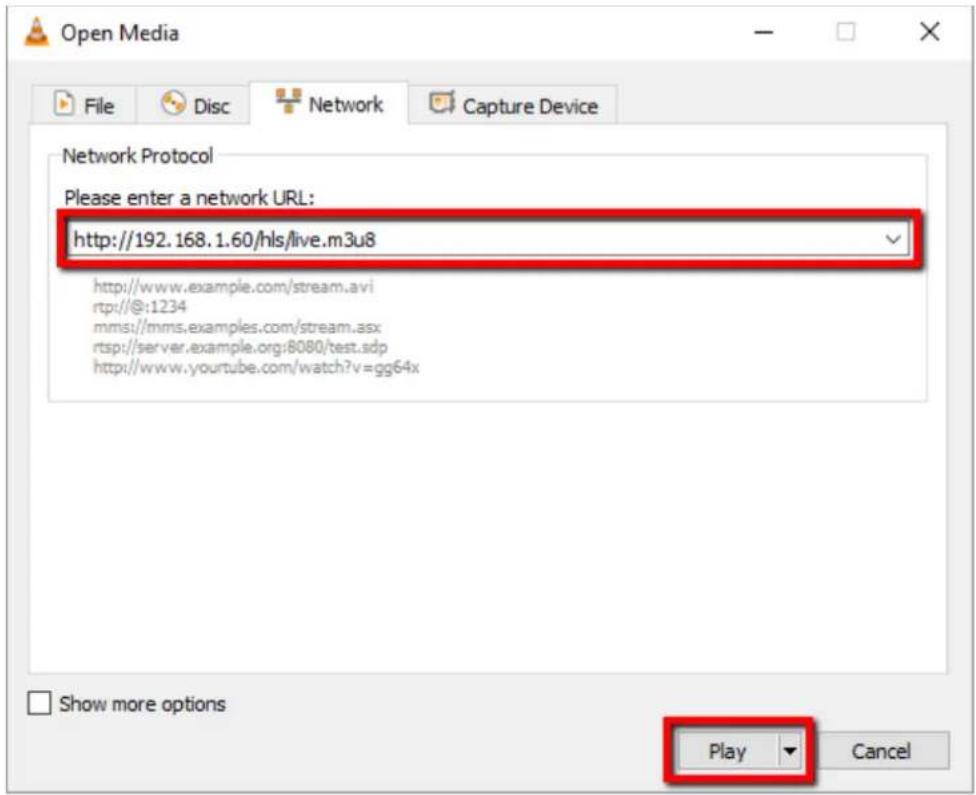 Open Media File Disc Network Capture Device Network Protocol Please enter a network URL: http://192.168.1.60/hls/live.m3u8 http://www.example.com/stream.avi rtp://@:1234 mms://mms.examples.com/stream.asx rtsp://server.example.org:8080/test.sdp http://www.yourtube.com/watch?v=gg64x Show more options Play Cancel