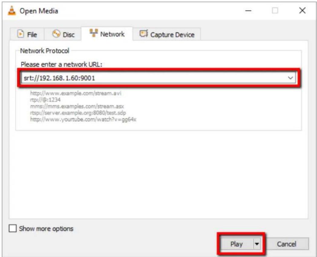 Open Media File Disc Network Capture Device Network Protocol Please enter a network URL: srt://192.168.1.60:9001 http://www.example.com/stream.avi rtpi://@:1234 mms://mms.examples.com/stream.asx rtspi://server.example.org:8080/test.sdp http://www.yourtube.com/watch?v=gg64x Show more options Play Cancel