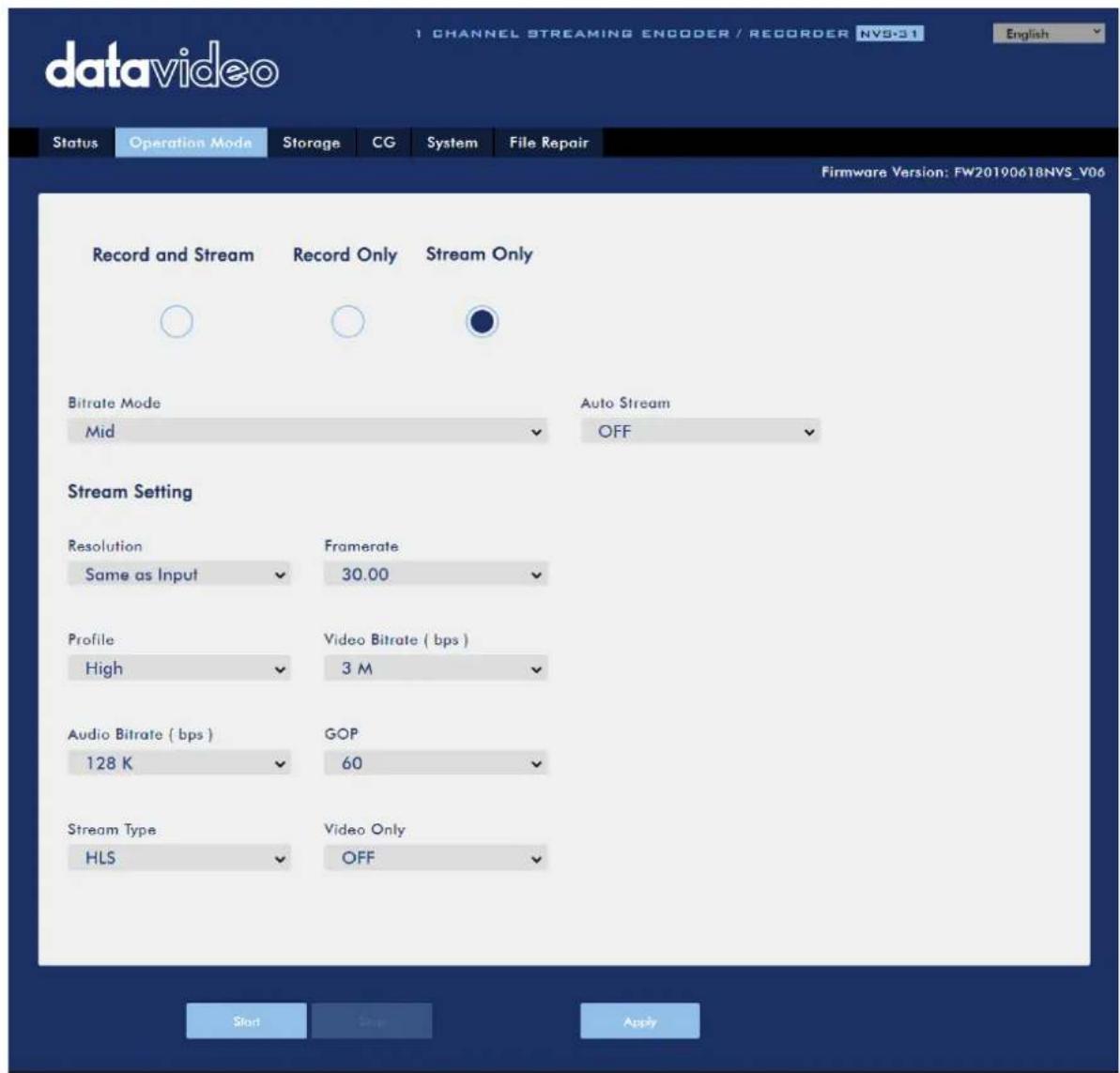 datavideo CHANNEL STREAMING ENCODER / RECORDER NVS-31 Status Operation Mode Storage CG System File Repair Record and Stream Record Only Stream Only Bitrate Mode Auto Stream Mid OFF Stream Setting Resolution Framerate Same as Input 30.00 Profile Video Bitrate ( bps ) High 3 M Audio Bitrate ( bps ) GOP 128 K 60 Stream Type Video Only HLS OFF Start Apply
