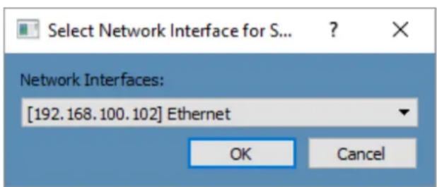 Select Network Interface for S... Network Interfaces: [192.168.100.102] Ethernet OK Cancel