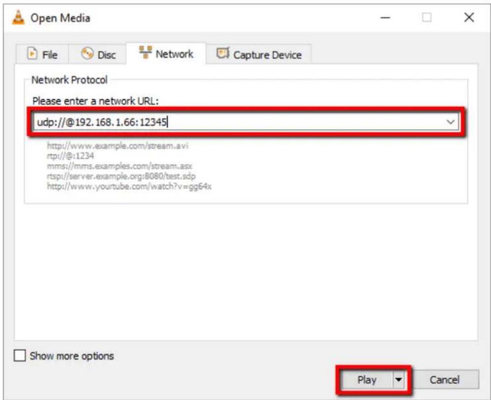 Open Media File Disc Network Capture Device Network Protocol Please enter a network URL: udp://@192.168.1.66:12345 http://www.example.com/stream.avi rtp://@:1234 mms://mms.examples.com/stream.asx rtsp://server.example.org:8080/test.sdp http://www.yourtube.com/watch?v=gg64x Show more options Play Cancel