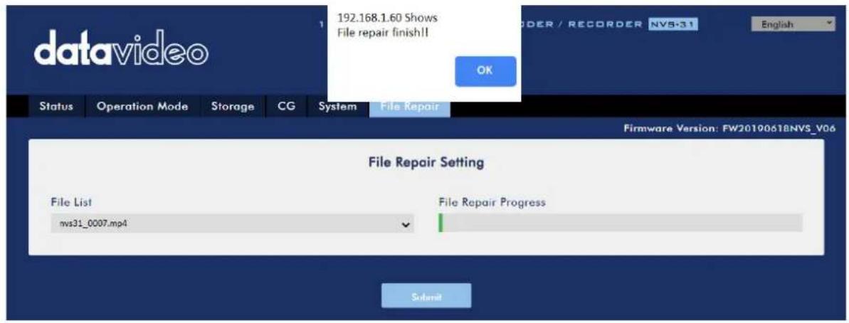 datavideo 192.168.1.60 Shows File repair finish!! ORDER / RECORDER NVS-31 English OK Status Operation Mode Storage CG System File Repair Firmware Version: FW2010061BNVS_V06 File Repair Setting File List nvs31_0007.mp4 File Repair Progress Submit
