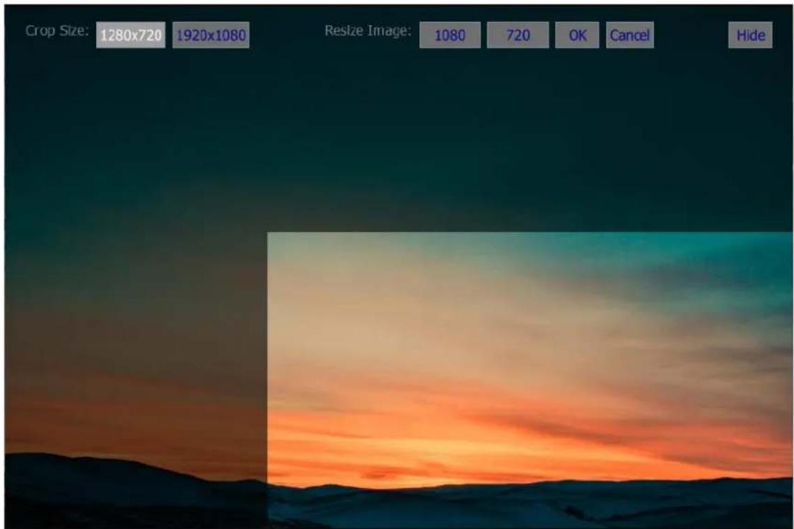 Crop Size: 1280x720 1920x1080 Resize Image: 1080 720 OK Cancel Hide