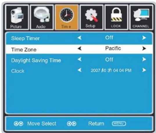 Picture Audio Time Setup LOCK CHANNEL Sleep Timer Off Time Zone Pacific Daylight Saving Time Off Clock 2007/10 31 04 04 PM Move Select Return MENU