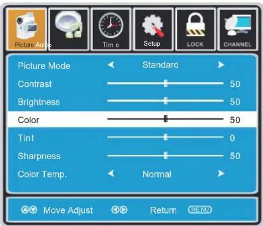 Picture Mode Contrast Brightness Color Tint Sharpness Color Temp. Standard 50 50 50 0 50 Normal Move Adjust Return MENU