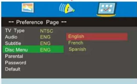 -- Preference Page -- TV Type NTSC Audio ENG English Subtitle ENG French Disc Menu ENG Spanish Parental Password Default