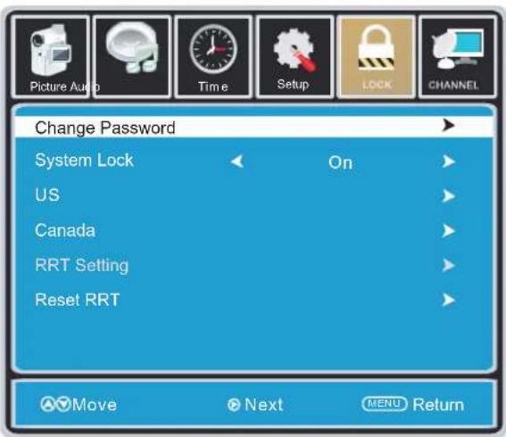 Picture Auto Time Setup LOCK CHANNEL Change Password System Lock On US Canada RRT Setting Reset RRT Move Next MENU Return