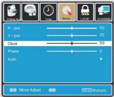 Picture Auto Time Setup LOCK CHANNEL H - pos 50 V - pos 50 Clock 50 Phase 0 Auto Move Adjust Return