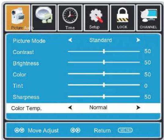 Picture Mode Contrast Brightness Color Tint Sharpness Color Temp. Standard 50 50 50 0 50 Normal Move Adjust Return MENU