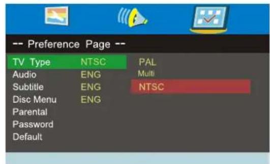-- Preference Page -- TV Type NTSC PAL Audio ENG Multi Subtitle ENG NTSC Disc Menu ENG Parental Password Default