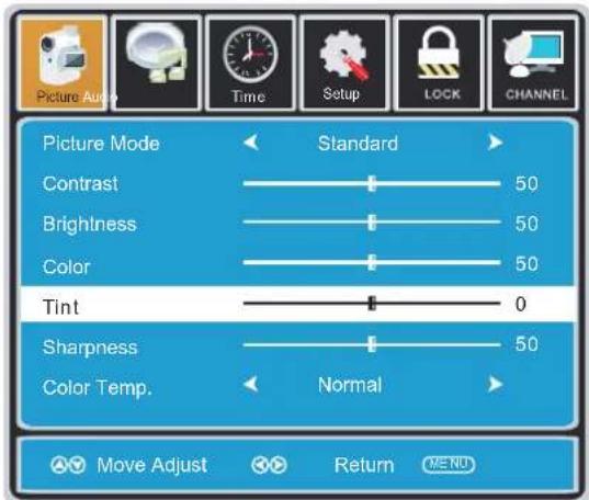 Picture Mode Contrast Brightness Color Tint Sharpness Color Temp. Standard 50 50 50 0 50 Normal Move Adjust Return MENU