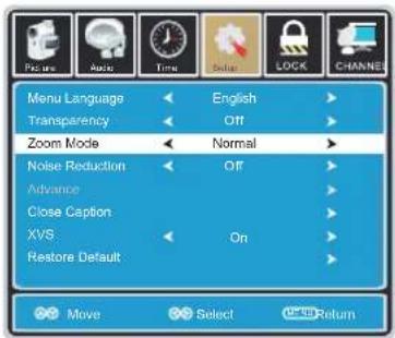 Menu Language Transparency Zoom Mode Noise Reduction Advance Close Caption XVS Restore Default English Off Normal Off On Move Select Return