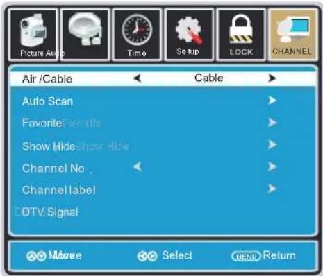 Air /Cable Auto Scan Favorite Colors Show Hide Channel No. Channel label DTV Signal Cable More Select NEW Return