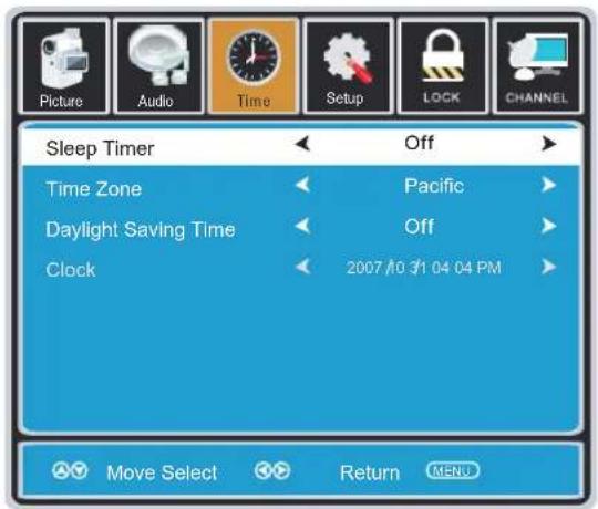 Picture Audio Time Setup LOCK CHANNEL Sleep Timer Off Time Zone Pacific Daylight Saving Time Off Clock 2007/10/31 04:04 PM Move Select Return MENU