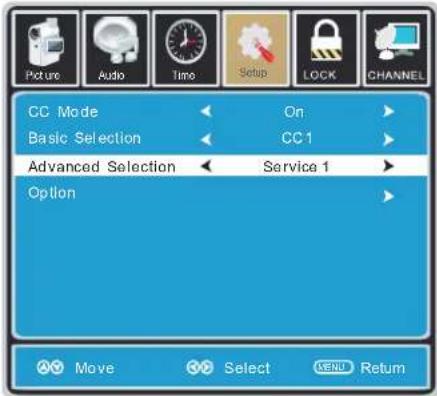 Picture Audio Time Setup LOCK CHANNEL CC Mode On Basic Selection CC1 Advanced Selection Service 1 Option Move Select Return