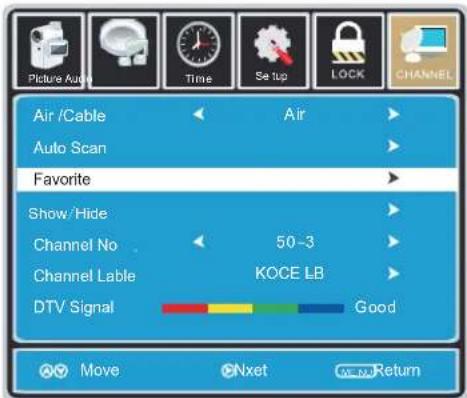 Picture Auto Time Set up LOCK CHANNEL Air /Cable Air Auto Scan Favorite Show / Hide Channel No 50-3 Channel Lable KOCE LB DTV Signal Good Move Nxt Return