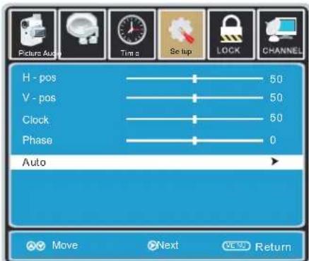 Picture Auto Time s Se tap LOCK CHANNEL H - pos 50 V - pos 50 Clock 50 Phase 0 Auto Move Next Return