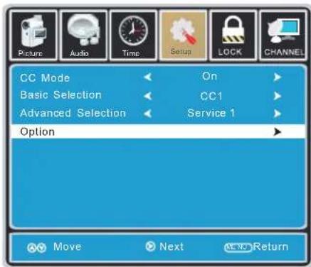 Picture Audio Time Setup LOCK CHANNEL CC Mode On Basic Selection CC1 Advanced Selection Service 1 Option Move Next Return