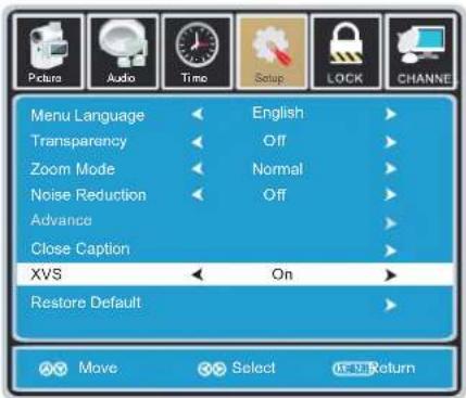 Picture Audio Time Setup LOCK CHANNEL Menu Language English Transparency Off Zoom Mode Normal Noise Reduction Off Advance Close Caption XVS On Restore Default Move Select U-1 Return
