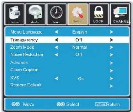 Picture Audio Time Setup LOCK CHANNEL Menu Language English Transparency Off Zoom Mode Normal Noise Reduction Off Advance Close Caption XVS On Restore Default Move Select OK/OK/Return
