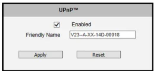 UPnP™ Enabled Friendly Name V23--A-XX-14D-00018 Apply Reset
