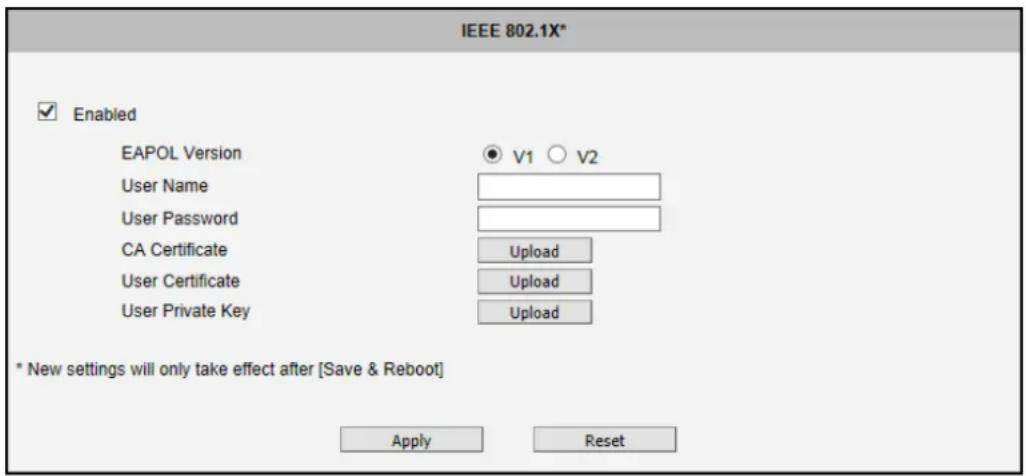 IEEE 802.1X* Enabled EAPOL Version User Name User Password CA Certificate User Certificate User Private Key V1 V2 Upload Upload Upload * New settings will only take effect after [Save & Reboot] Apply Reset