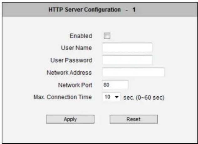 HTTP Server Configuration - 1 Enabled User Name User Password Network Address Network Port 80 Max. Connection Time 10 sec. (0~60 sec) Apply Reset