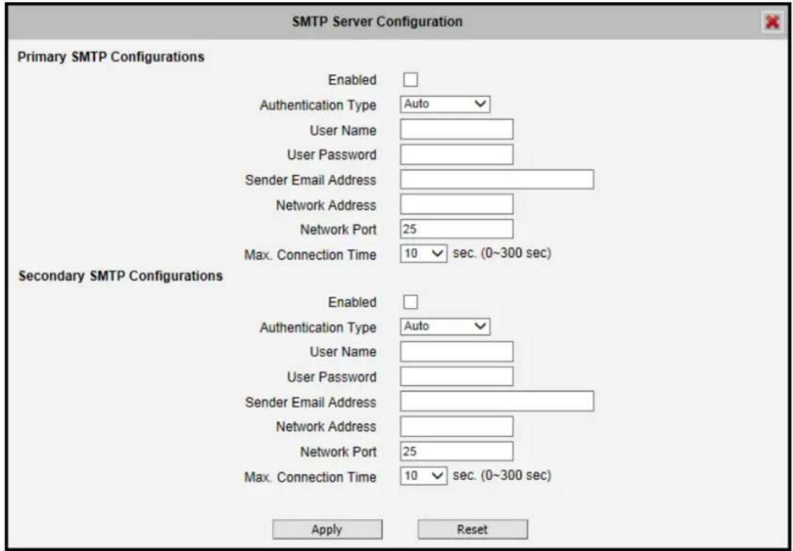 SMTP Server Configuration Primary SMTP Configurations Enabled Authentication Type Auto User Name User Password Sender Email Address Network Address Network Port 25 Max. Connection Time 10 sec. (0~300 sec) Secondary SMTP Configurations Enabled Authentication Type Auto User Name User Password Sender Email Address Network Address Network Port 25 Max. Connection Time 10 sec. (0~300 sec) Apply Reset