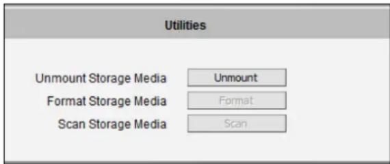Utilities Unmount Storage Media Unmount Format Storage Media Format Scan Storage Media Scan