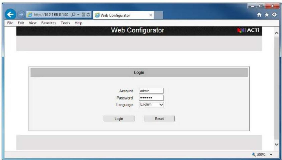 File Edit View Favorites Tools Help Web Configurator Login Account admin Password ******** Language English Login Reset