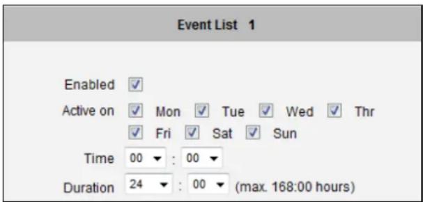 Event List 1 Enabled ✓ Active on ✓ Mon ✓ Tue ✓ Wed ✓ Thr ✓ Fri ✓ Sat ✓ Sun Time 00 ▼ : 00 ▼ Duration 24 ▼ : 00 ▼ (max. 168:00 hours)