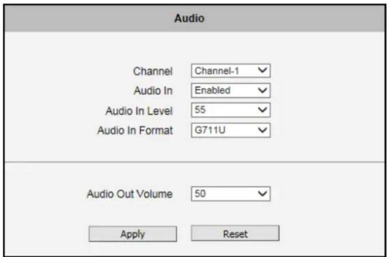 Audio Channel Channel-1 Audio In Enabled Audio In Level 55 Audio In Format G711U Audio Out Volume 50 Apply Reset