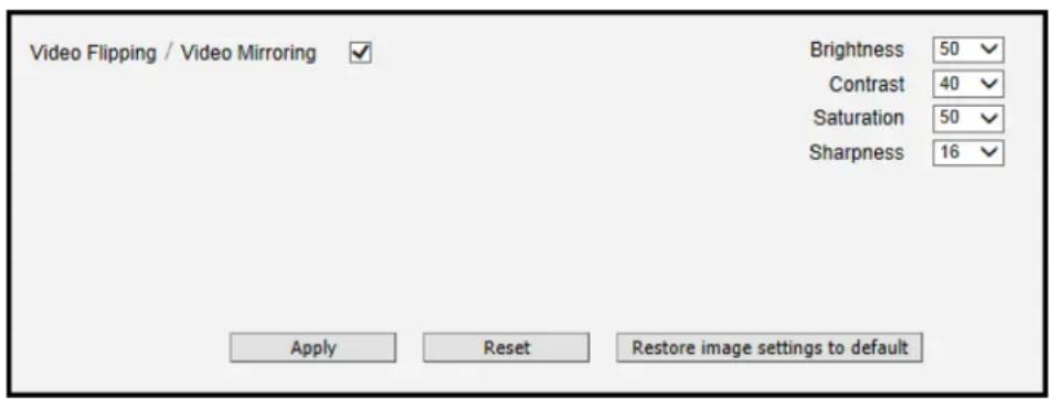 Video Flipping / Video Mirroring Brightness 50 Contrast 40 Saturation 50 Sharpness 16 Apply Reset Restore image settings to default