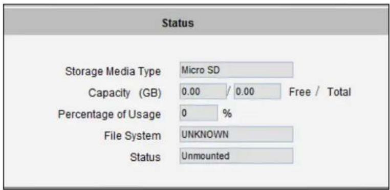 Status Storage Media Type Micro SD Capacity (GB) 0.00 / 0.00 Free / Total Percentage of Usage 0 % File System UNKNOWN Status Unmounted