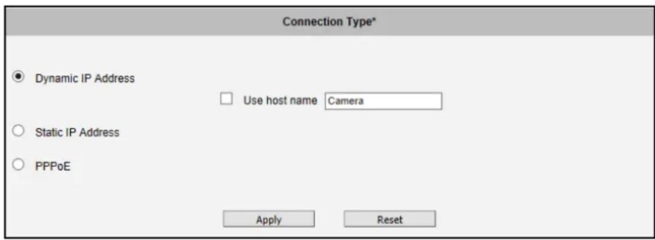 Connection Type* Dynamic IP Address Use host name Camera Static IP Address PPPoE Apply Reset