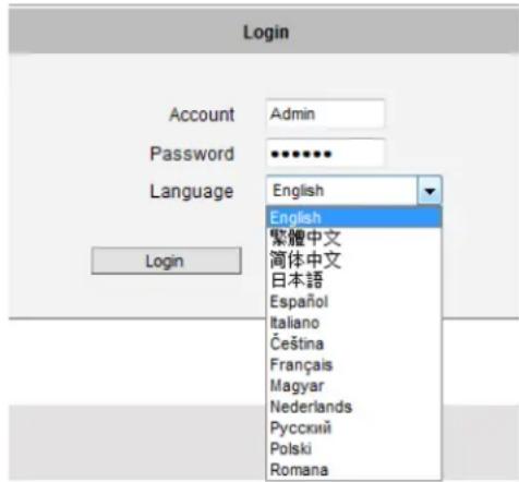 Login Account Admin Password ••••••• Language English English 繁體中文 简体中文 日本語 Español Italiano Čeština Français Magyar Nederlands Русский Polski Romana Login