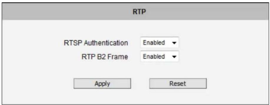 RTP RTSP Authentication Enabled RTP B2 Frame Enabled Apply Reset