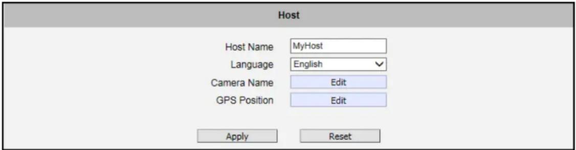 Host Host Name MyHost Language English Camera Name Edit GPS Position Edit Apply Reset