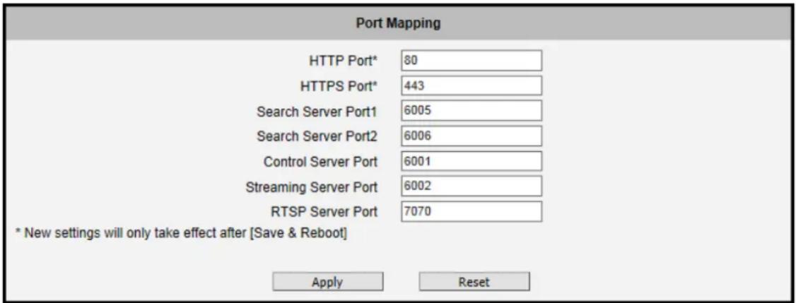 Port Mapping HTTP Port* 80 HTTPS Port* 443 Search Server Port1 6005 Search Server Port2 6006 Control Server Port 6001 Streaming Server Port 6002 RTSP Server Port 7070 * New settings will only take effect after [Save & Reboot] Apply Reset