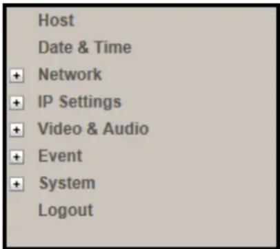 Host Date & Time + Network + IP Settings + Video & Audio + Event + System Logout