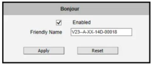 Bonjour Enabled Friendly Name V23-A-XX-14D-00018 Apply Reset