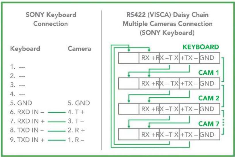 SONY Keyboard Connection RS422 (VISCA) Daisy Chain Multiple Cameras Connection (SONY Keyboard) Keyboard Camera 1. --- 2. --- 3. --- 4. --- 5. GND 5. GND 6. RXD IN - 4. T + 7. RXD IN + 3. T - 8. TXD IN - 2. R + 9. TXD IN + 1. R - KEYBOARD RX + RX - TX + TX - GND CAM 1 RX + RX - TX + TX - GND CAM 2 RX + RX - TX + TX - GND CAM 7 RX + RX - TX + TX - GND