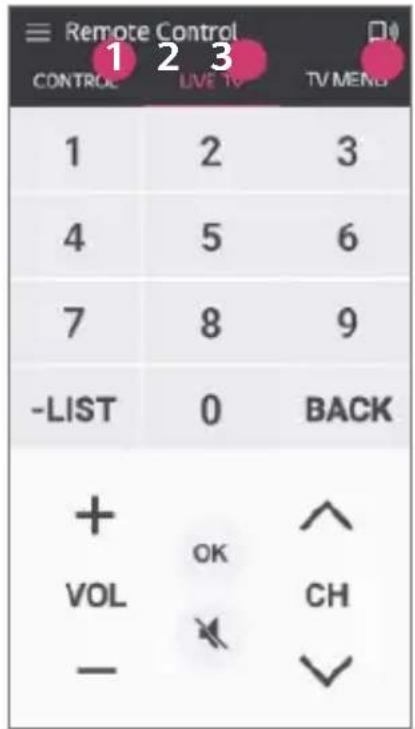 Remote Control 1 2 3 CONTROL LIVE TV TV MENU 1 2 3 4 5 6 7 8 9 -LIST 0 BACK + VOL OK CH -