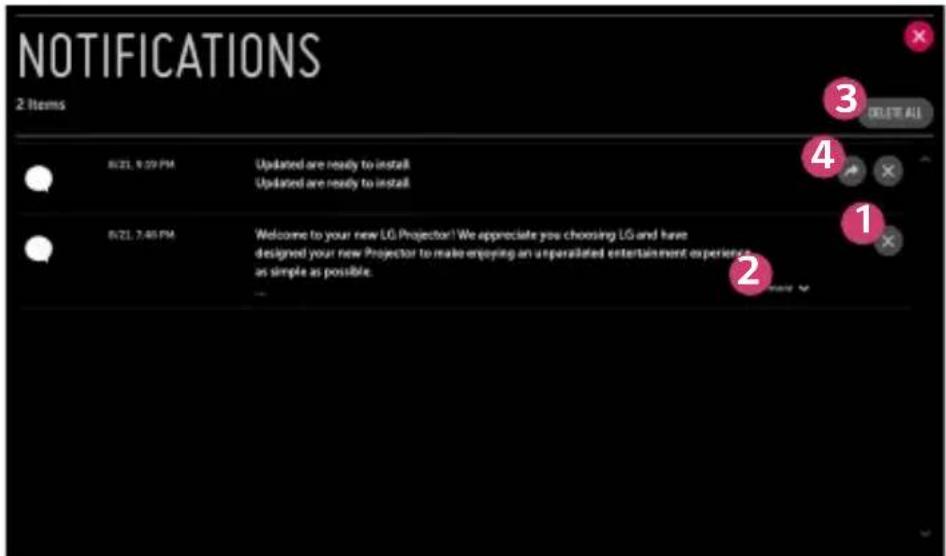 NOTIFICATIONS 2 Items 8/21. 9:00 PM Updated are ready to install Updated are ready to install 8/21. 7:45 PM Welcome to your new LG Projector! We appreciate you choosing LG and have designed your new Projector to make enjoying an unparalleled entertainment experience as simple as possible. 3 4 1 2 NEW