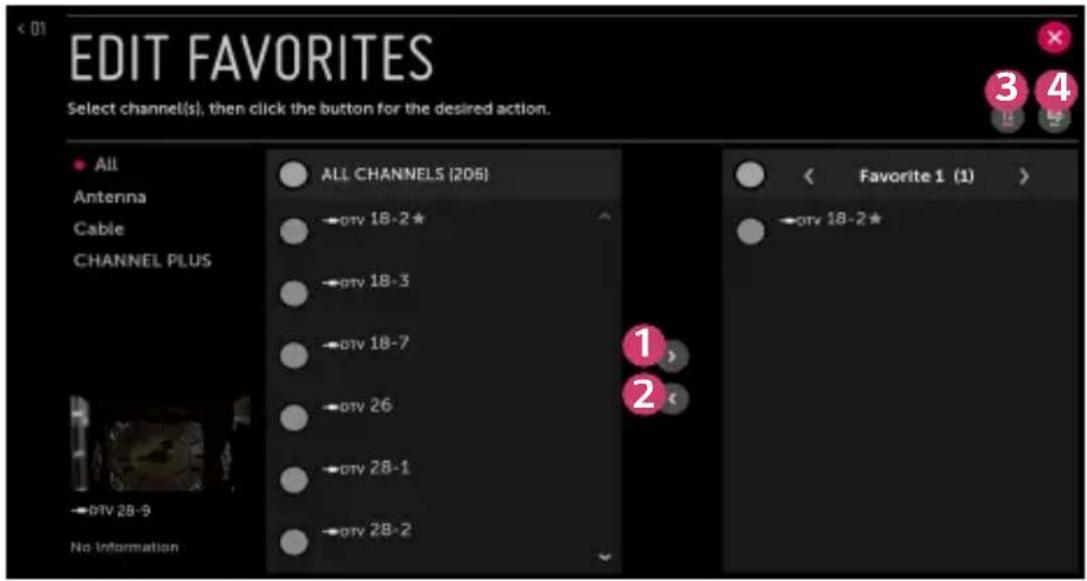 EDIT FAVORITES Select channel(s), then click the button for the desired action. All Antenna Cable CHANNEL PLUS →DTV 28-9 No Information ALL CHANNELS (206) →DTV 18-2* →DTV 18-3 →DTV 18-7 →DTV 26 →DTV 28-1 →DTV 28-2 1, 2 < Favorite 1 (1) →DTV 18-2★