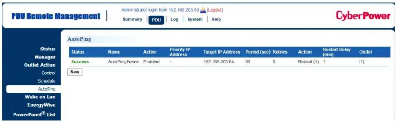 PDU Remote Management Administrator login from 192.168.203.50 [Logout] Summary | PDU | Log | System | Help CyberPower AutoPing Status Name Active Priority IP Address Target IP Address Period (sec) Retries Action Restart Delay Outlet Success AutoPing Name Enabled - 192.168.203.64 30 3 Reboot (1) 1 [1] New Wake on Lan EnergyWise PowerPanel® List